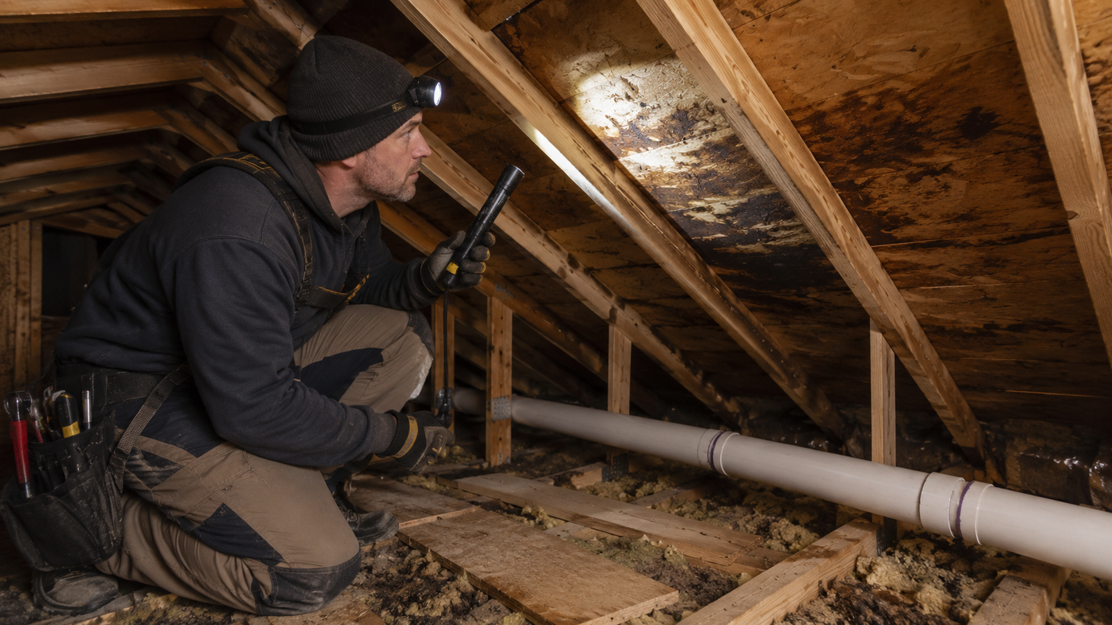 Attic inspection checking roof ventilation in a Pittsburgh home