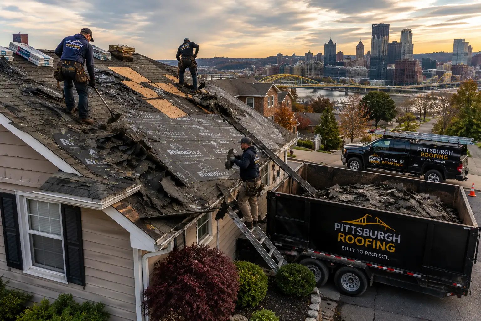 Residential roofing contractors replacing an old damaged asphalt shingle roof during a complete roof transformation project in Pittsburgh, Pennsylvania.