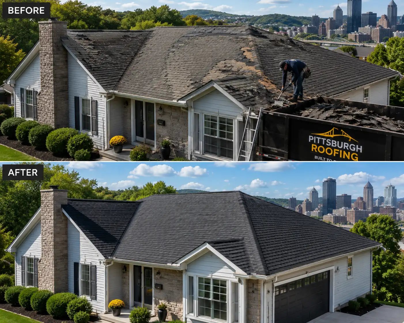 Before and after comparison of a residential roof replacement showing an old worn asphalt shingle roof transformed into a new premium roofing system in Pittsburgh, Pennsylvania.