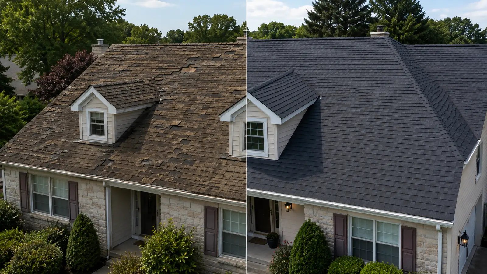 Before and after roof replacement comparison on a Pittsburgh home