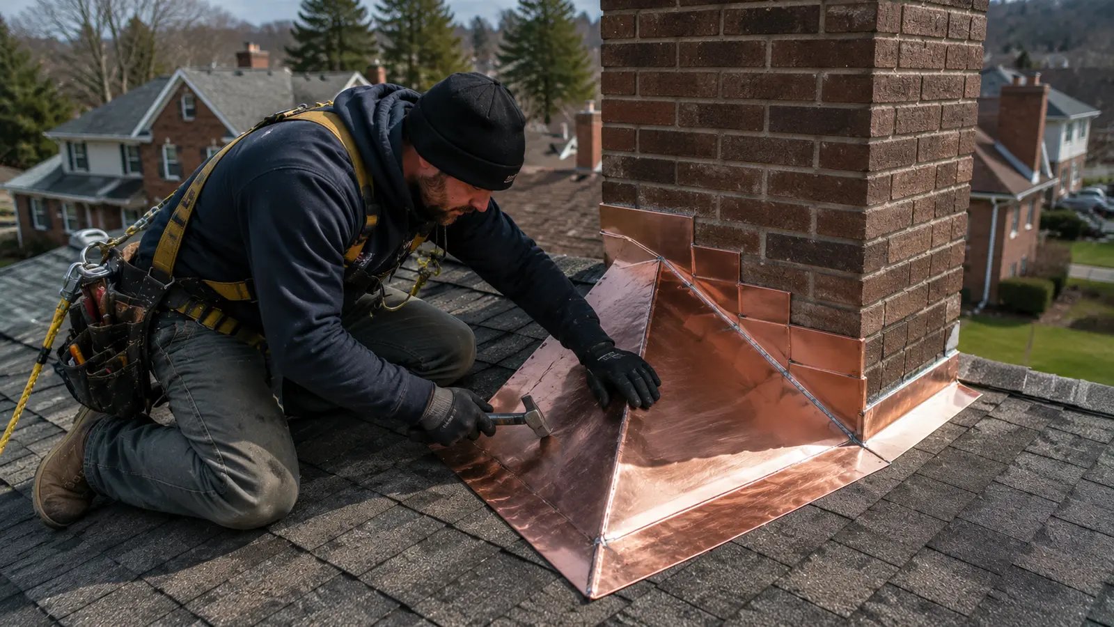 Professional roofing contractor installing a custom copper chimney cricket behind a brick chimney on an asphalt shingle roof in Pittsburgh, Pennsylvania.