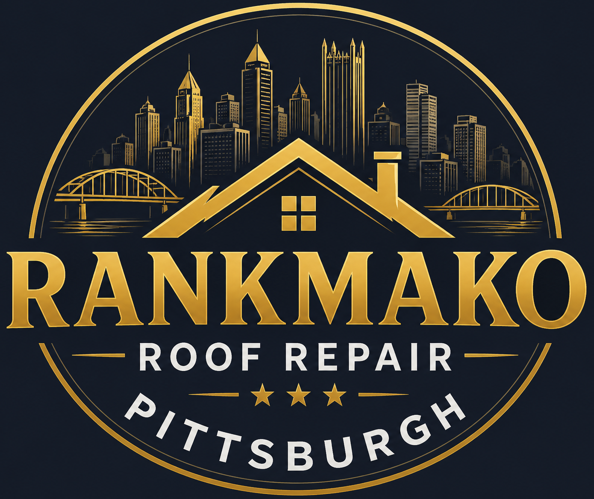 RankMako Roof Repair Pittsburgh logo with Pittsburgh skyline and gold roof design on a dark navy background