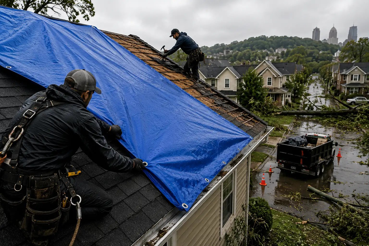 Emergency roof tarping after storm damage in Pittsburgh