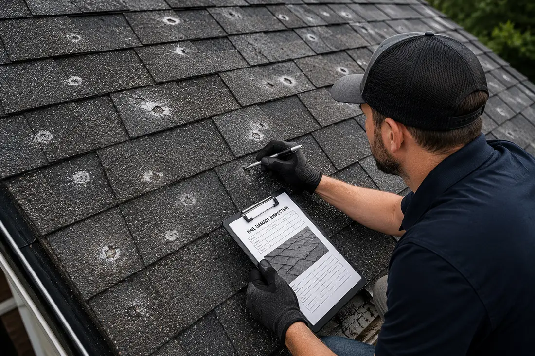 Hail damage on a roof during a storm damage roof repair inspection in Pittsburgh