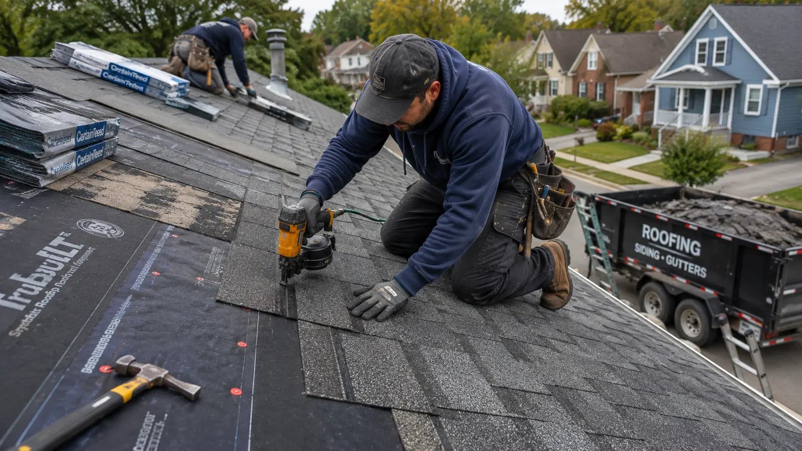 Steep-pitch roofing work on a century-old Pittsburgh home