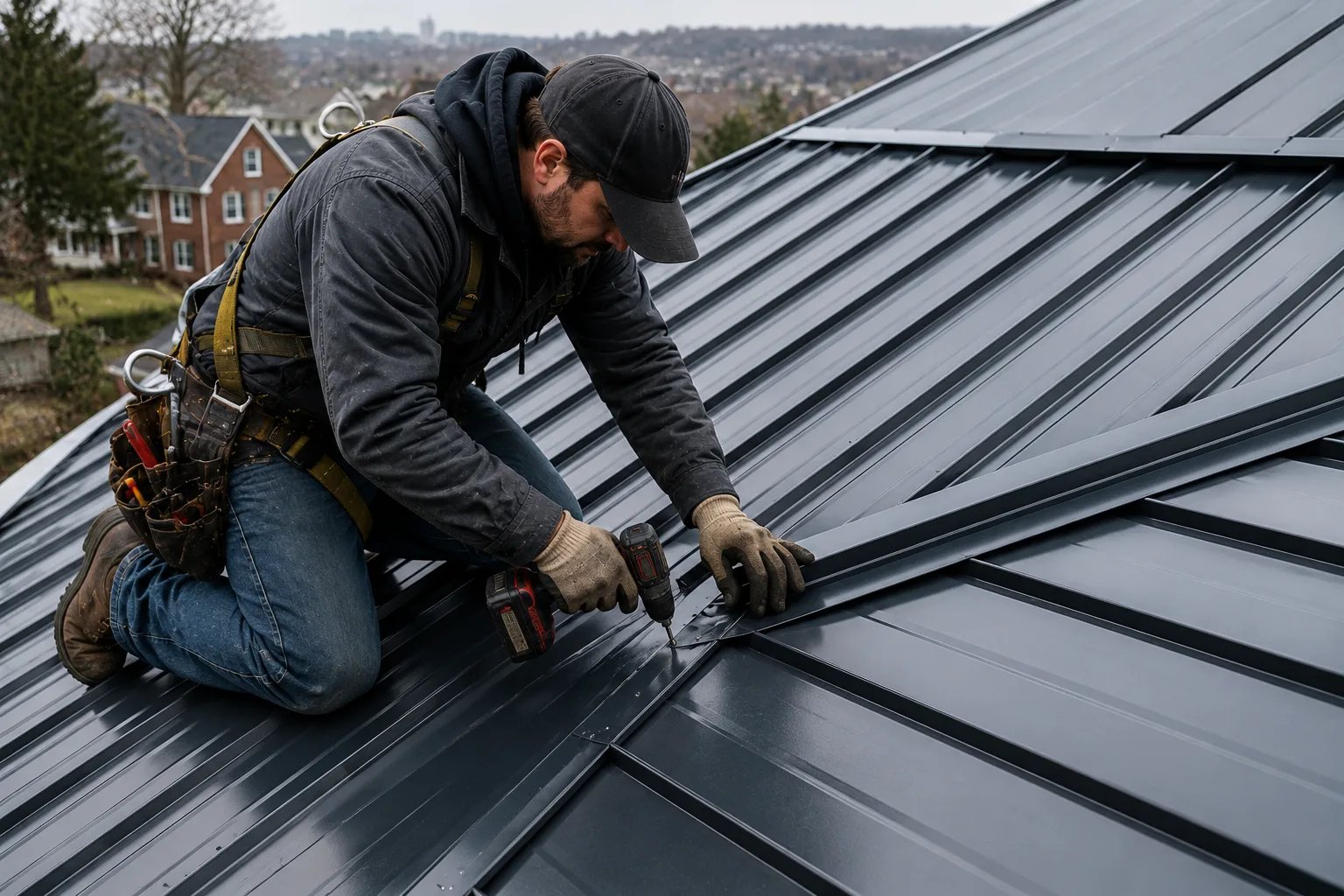 Metal roofing repair on a Pittsburgh home