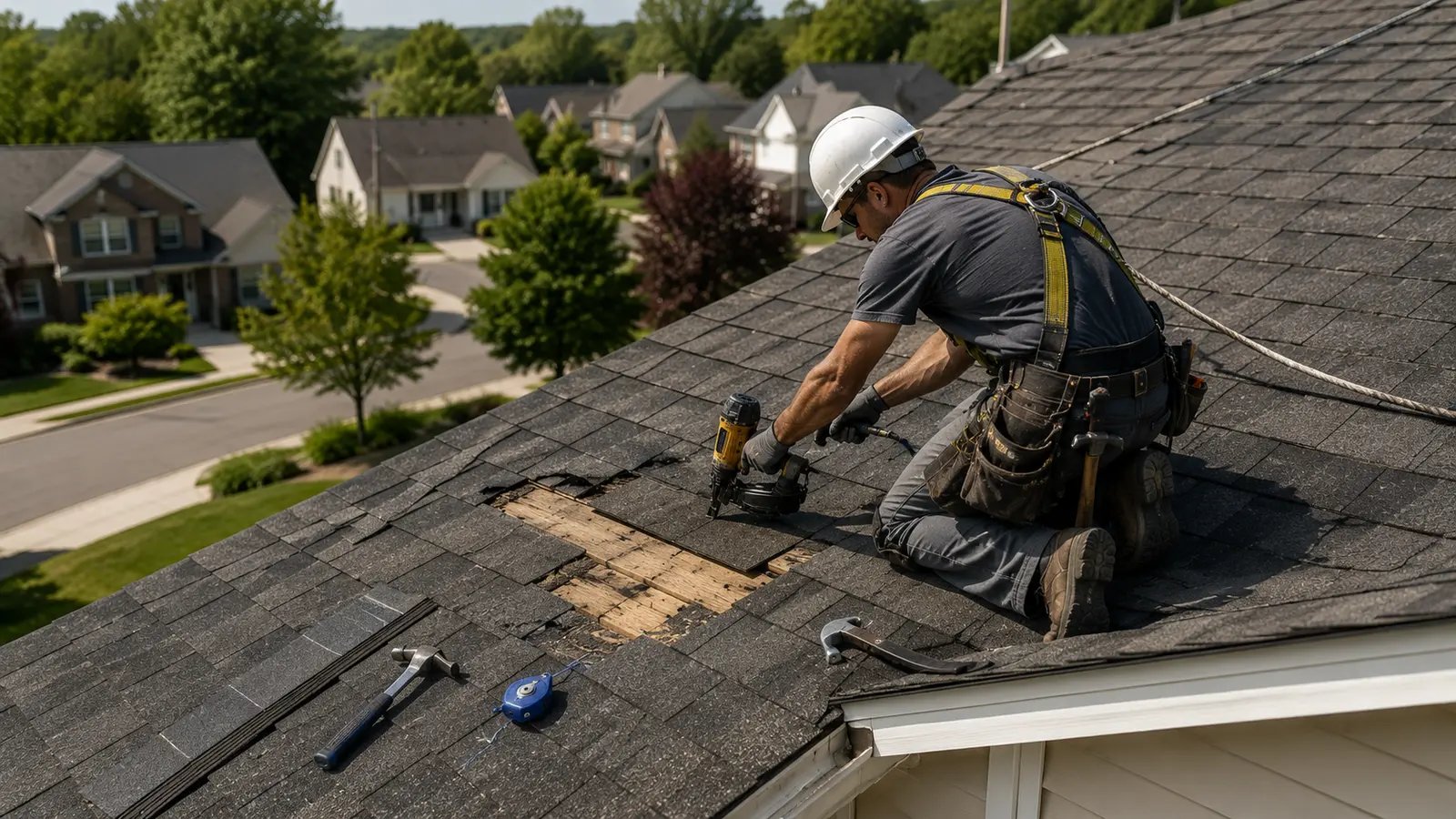 Professional roofing contractor replacing missing asphalt shingles on a residential roof in Pittsburgh, Pennsylvania using matching architectural shingles and professional roofing tools.