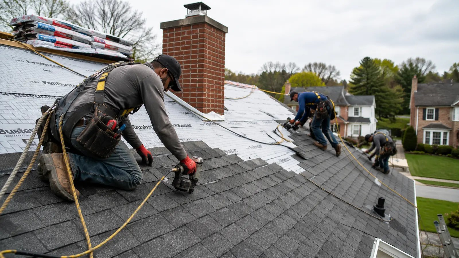 Professional residential roofing crew installing architectural asphalt shingles on a suburban home in Pittsburgh, Pennsylvania while using OSHA-compliant safety harnesses and pneumatic nail guns.
