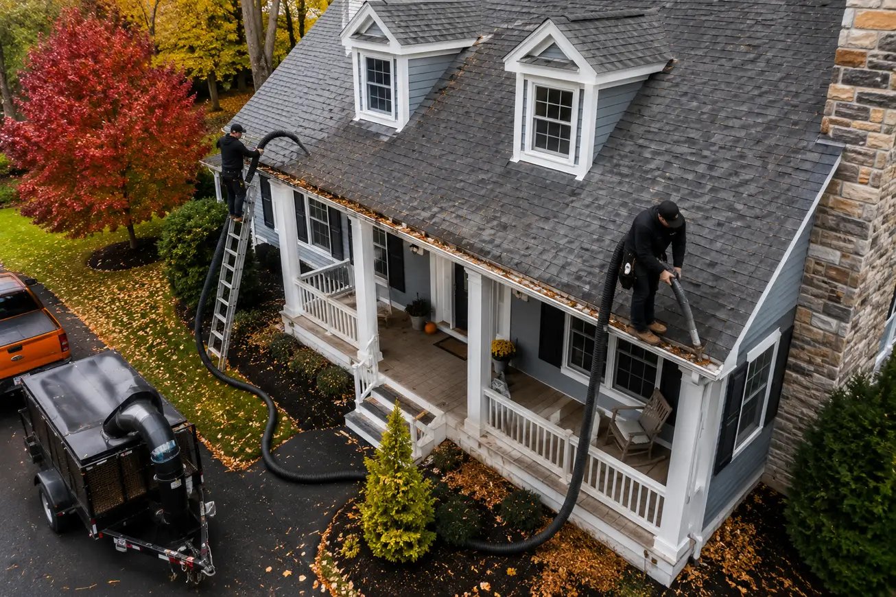 Professional roofing contractors performing routine roof maintenance and gutter cleaning on a residential home in Pittsburgh, Pennsylvania using commercial roof maintenance equipment.