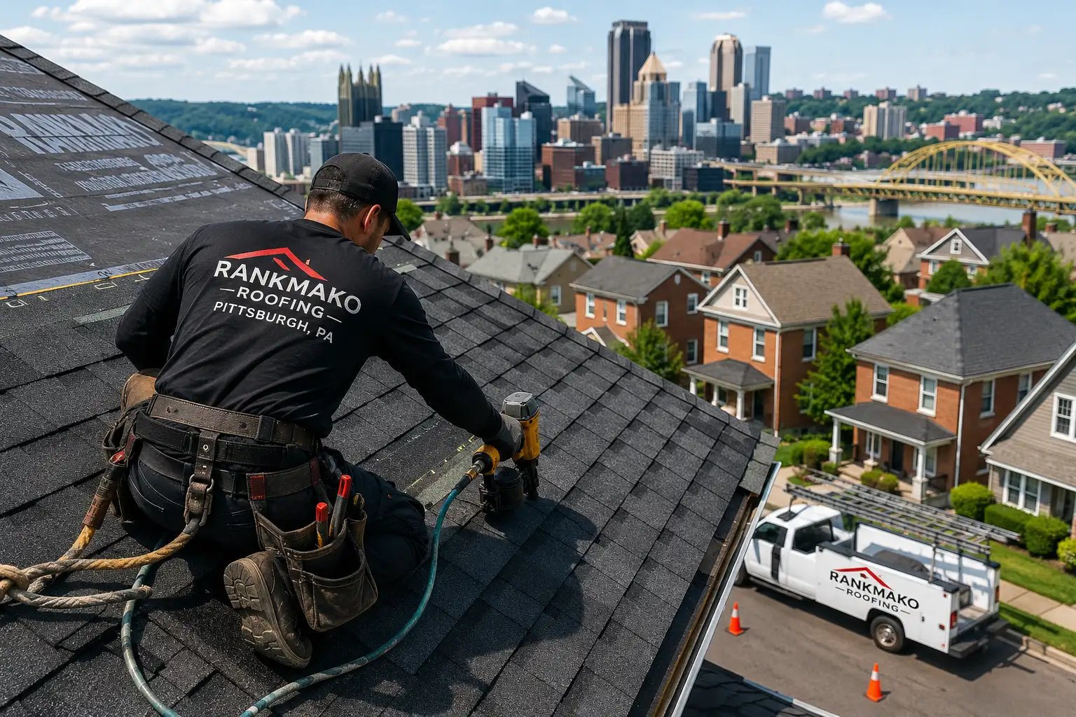 Contractor installing new asphalt shingles during a Pittsburgh roof replacement