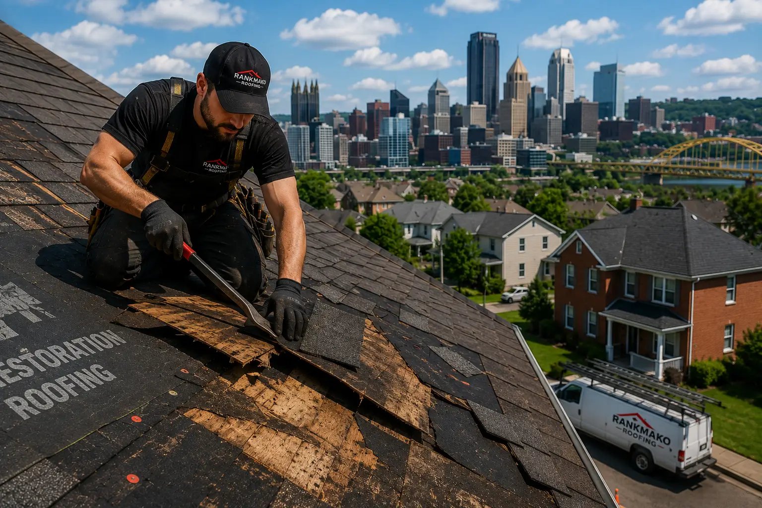 Controlled shingle tear-off by roof repair crew in Pittsburgh