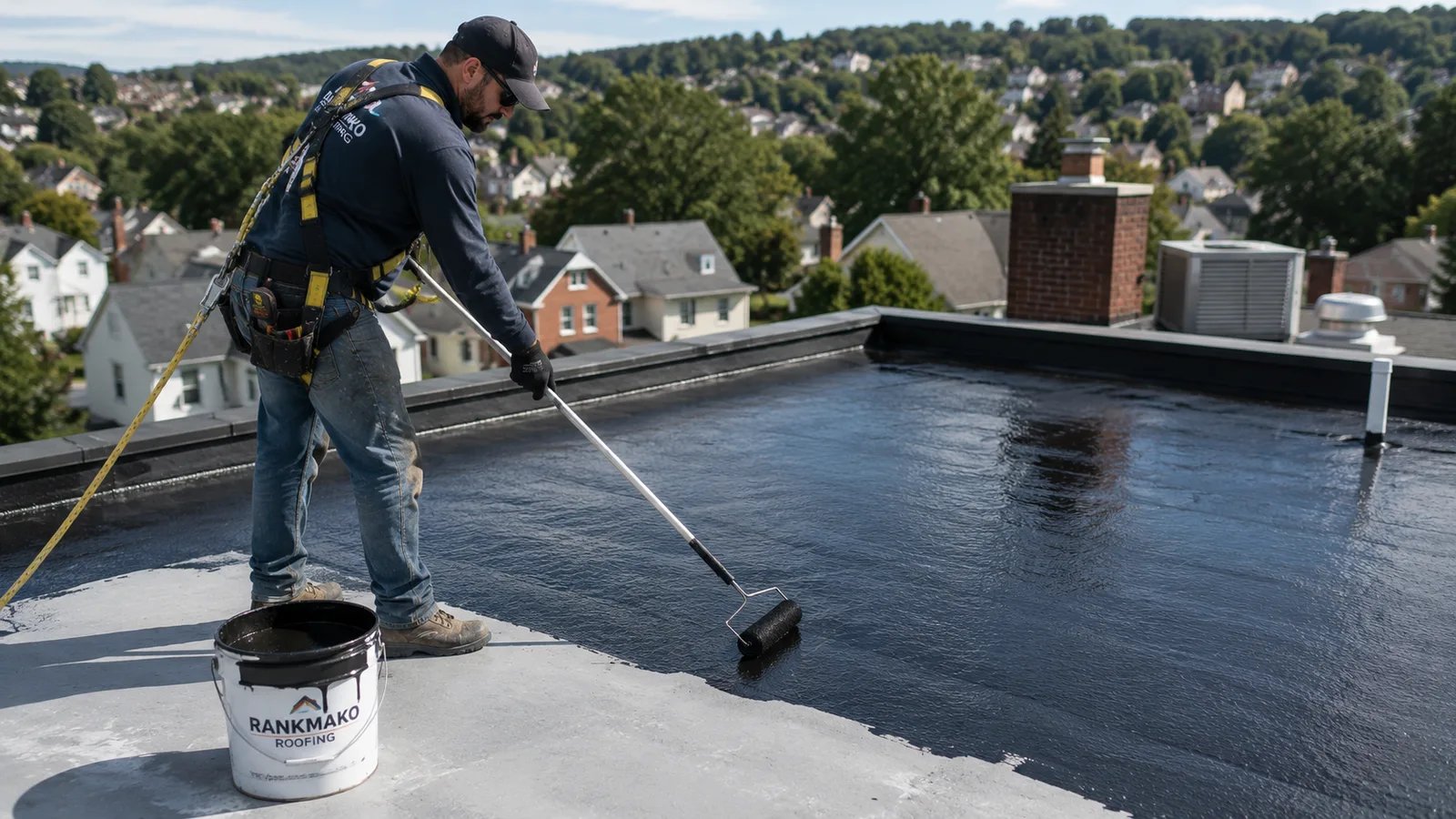 Rubber membrane roofing installed on a Pittsburgh building